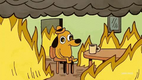 Cartoon dog in chaotic fire scene