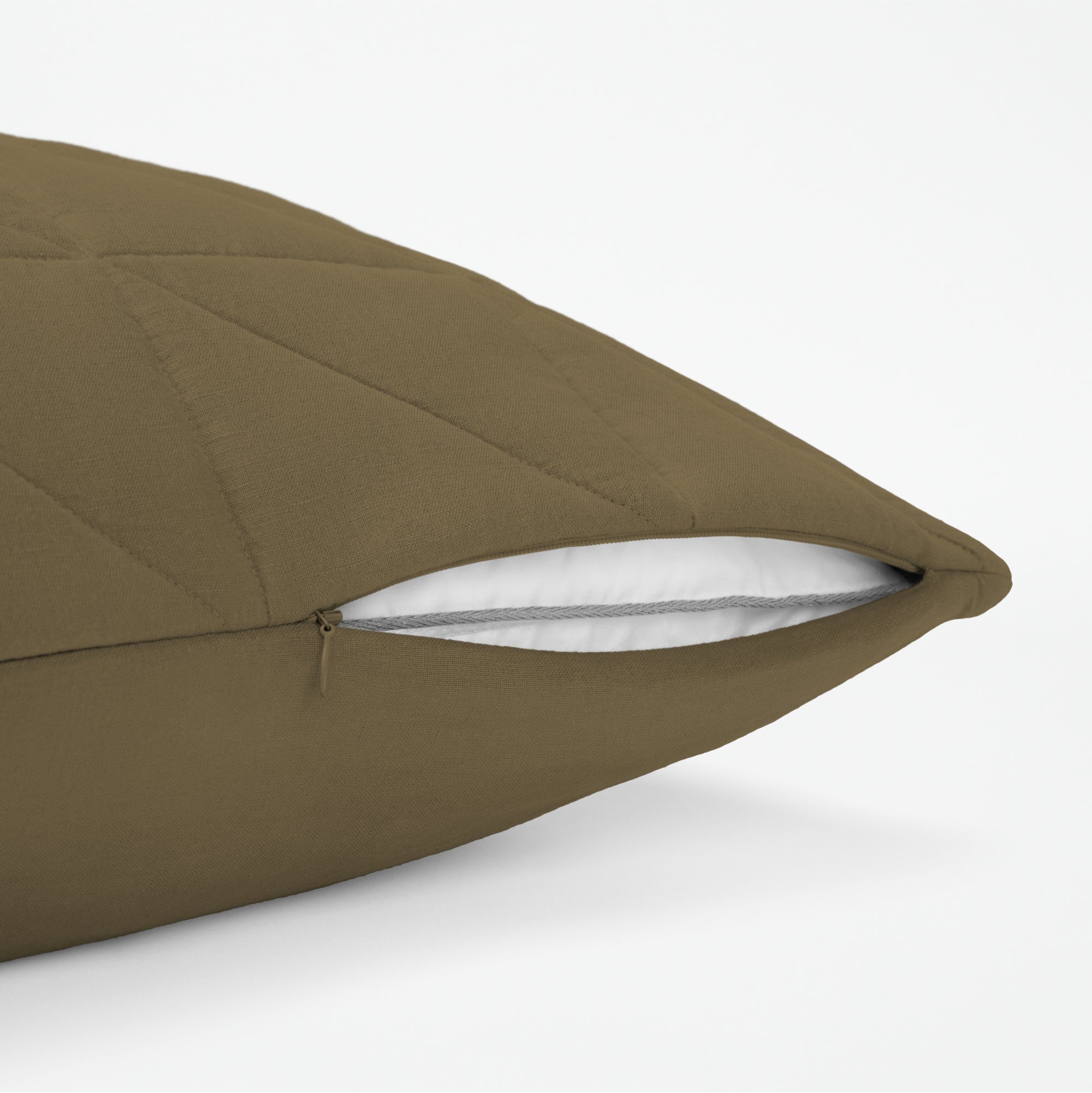 The Tuft and Needle Linen-Cotton Blend Body Pillow Cover, showing a zipper slightly open to the pillow inside || color: Martini Olive