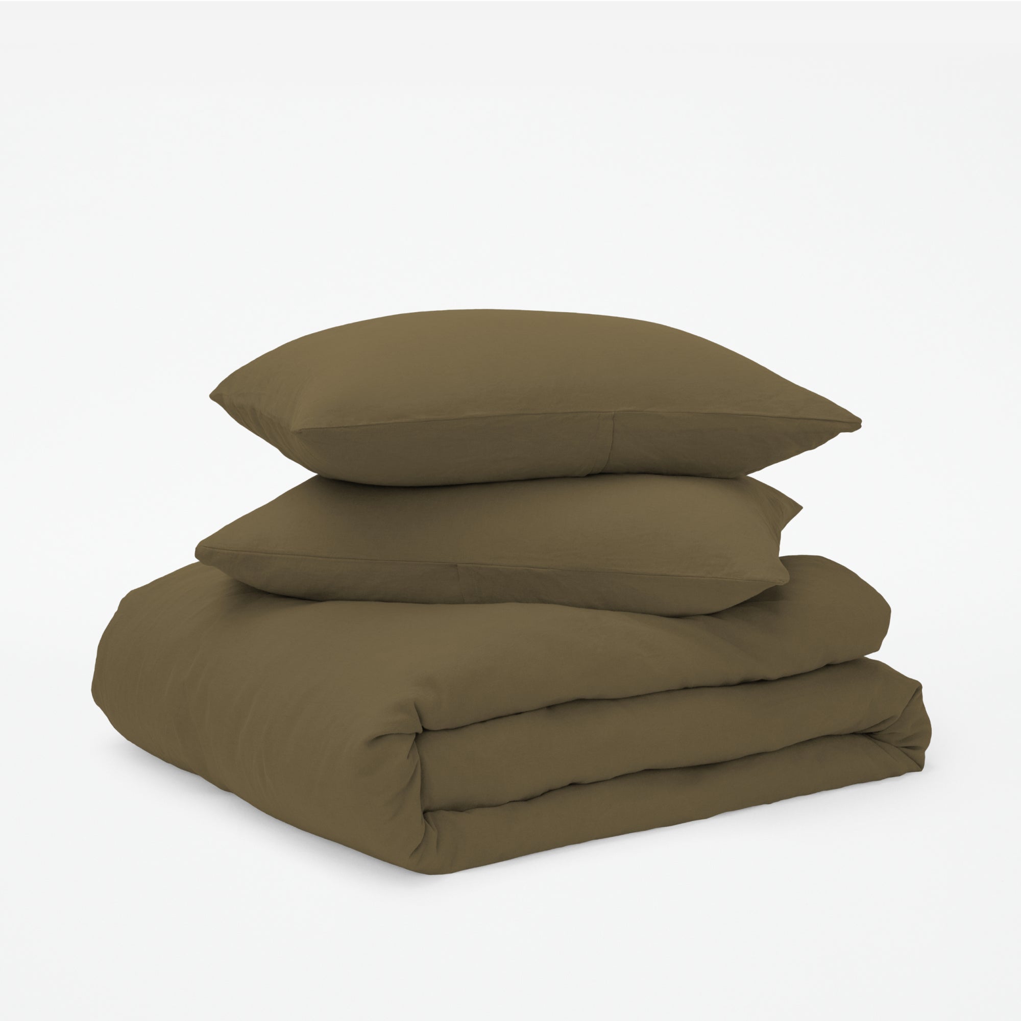 The Tuft and Needle Linen-Cotton Blend Duvet Set, 2 pillows stacked on 1 duvet covered blanket || color: Martini Olive