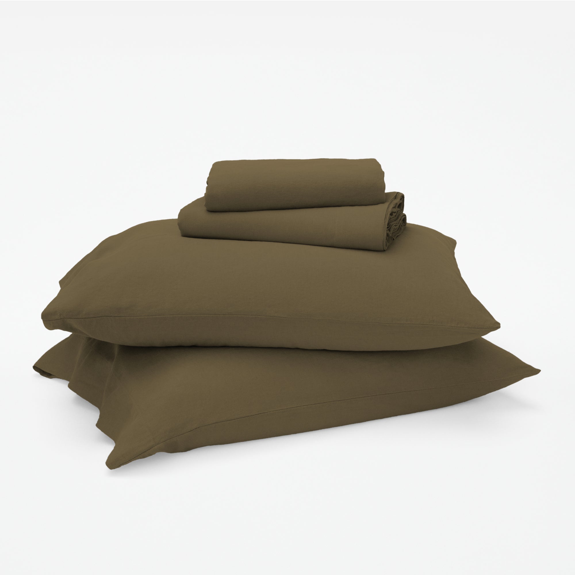 The Tuft and Needle Linen-Cotton Blend Sheet Set, 2 sheets stacked on 2 pillows || color: Martini Olive