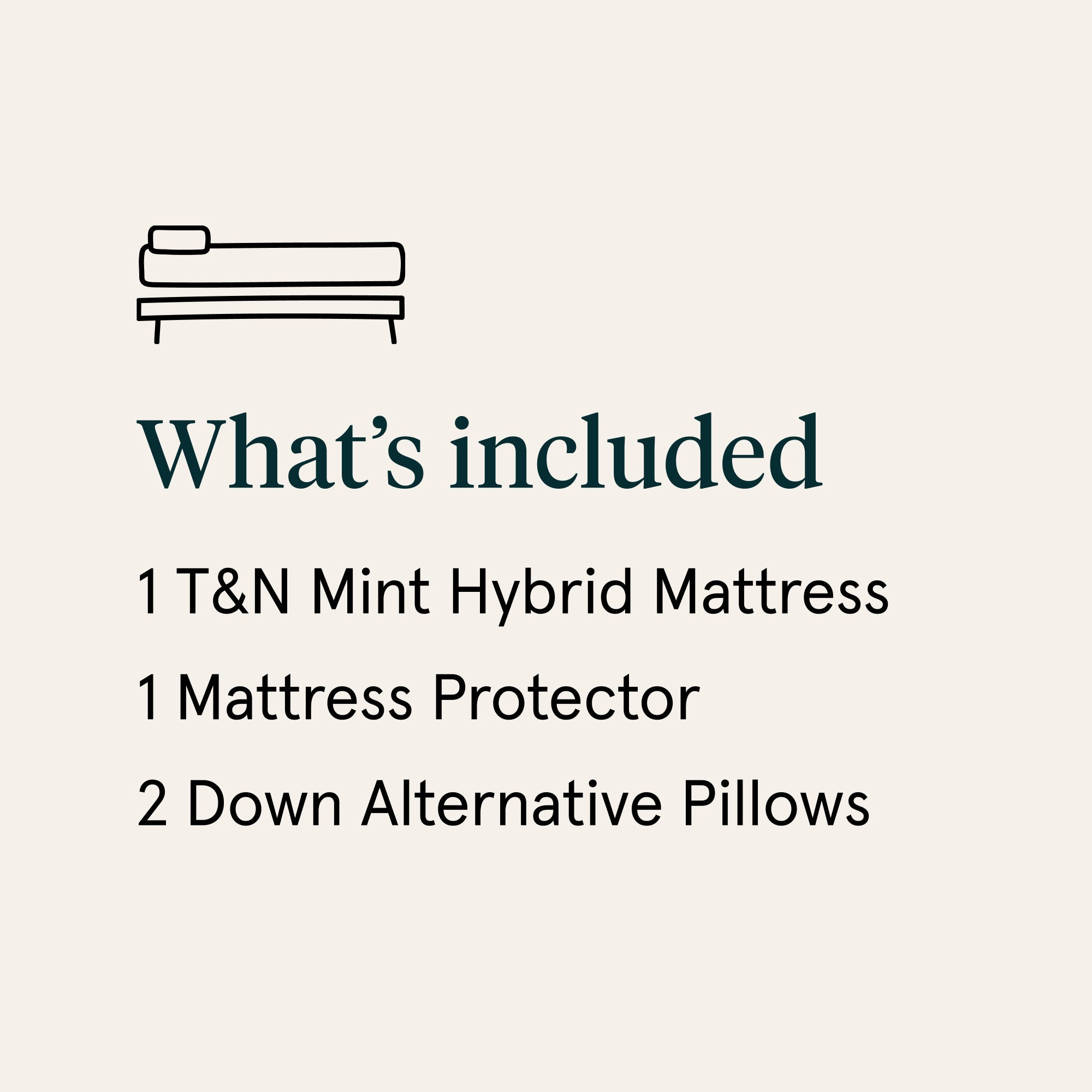 List of included items for a T&N Mint Hybrid Mattress on a beige background